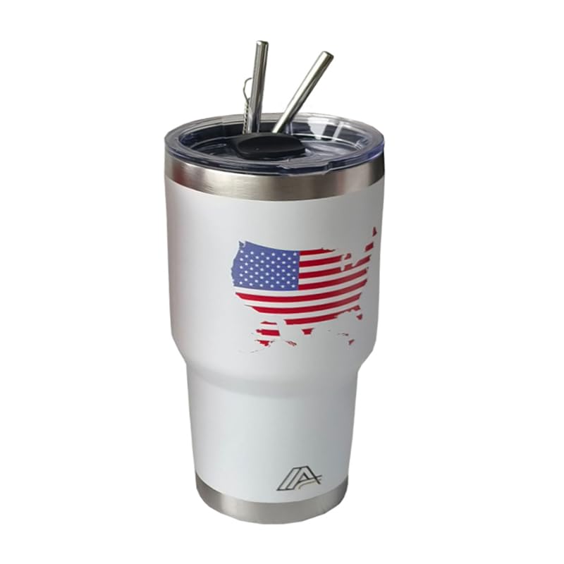 ABC Indus Tumbler 20oz / 30oz Stainless Steel, Vacuum Insulated w/MagSlider Lid, USA Flag on White, Double Wall, Keeps Drinks Cold & Hot (WHITE WITH USA FLAG MAP, 30 oz)