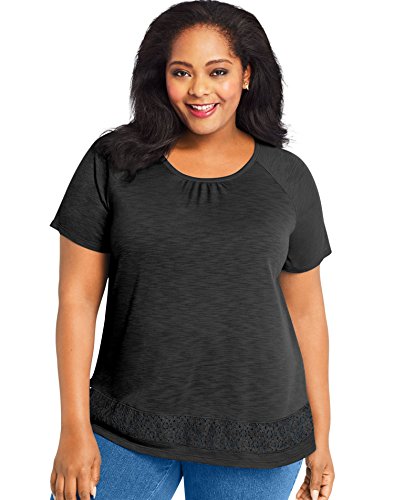 JUST MY SIZE Women's Plus-Size Lace Panel Short Sleeve Top, Black, 16