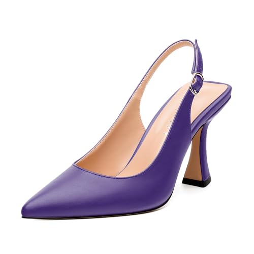 GUAVAIVY Women's Slingback Pumps, Pointed Toe Stiletto High Heels with Adjustable Buckle, Fashion Solid Color Shoes for Work, Date Night & Parties Purple Matte Size 9.5