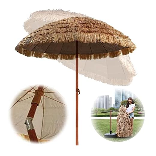 200cm Hawaiian Parasoll Tiki utomhus trädgårdsparaply, ø 32 mm Metallstång strandparaply med 8 robusta revben, lutning, naturlig färg Uteplatsparaplye