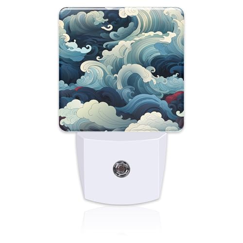 Image of Blue White Ocean Waves Night Light Plug into Wall,Cartoon Sea Waves Dusk to Dawn Night Light Plug in,0.5w Energy Saving Sleep Friendly NightLight for Kids Boys Girls Home Decor