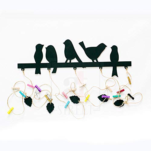 Image of Art Street Birds Design MDF Plaque Clip Rectangular Photo Collage Hanging Wall Mount Frame with Wooden Clips (Black, 18.5 x 32 Inches)