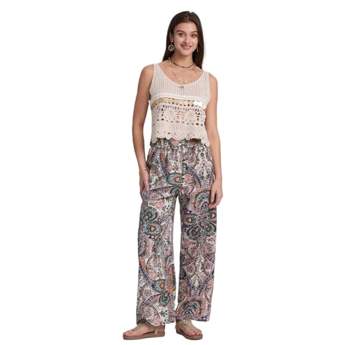 Alexis Leroy Women's Boho Palazzo Pants Summer Wide Leg Beach Trousers with Pockets Lightweight Floral Pattern2