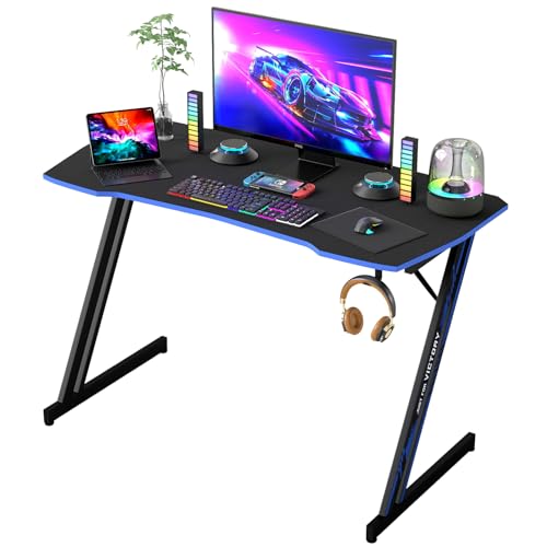 Image of BestOffice 39 inch Gaming Desk Computer Gaming Desk Z Shaped Gaming Workstation Ergonomic Gaming Table with Headphone Hook for Game Players,Black&Blue
