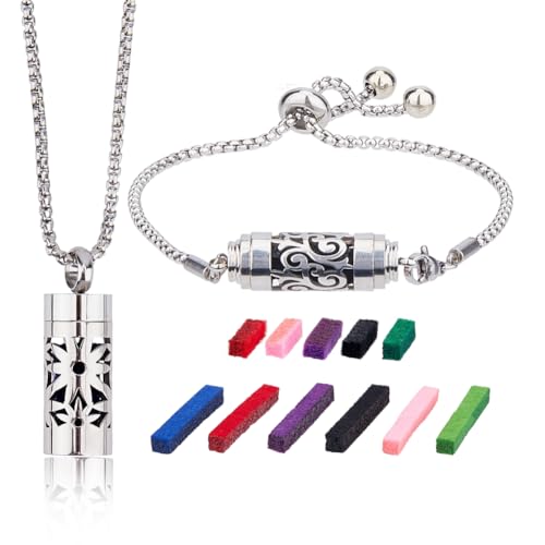 SUPERFINDINGS 2 Stile Diffusor Halskette Mit Armband Aus Ätherischen Ölen Aromatherapie Medaillon Anhänger Set Aus Edelstahl Mit 20 Filzpads Auswechselbaren Parfümpads Verstellbare