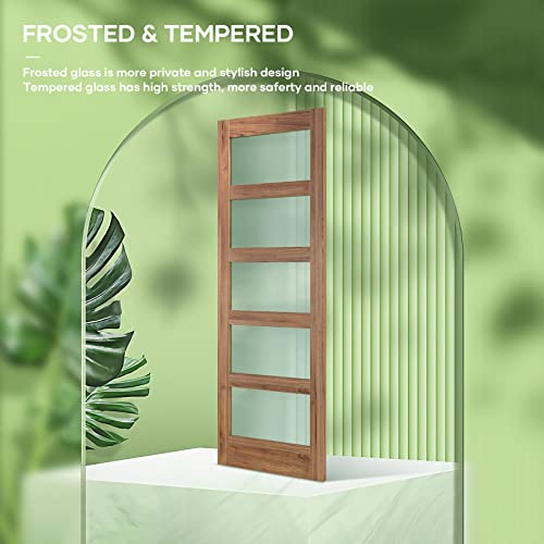 Image of FREDBECK 32 x 96 inch Glass Barn Door with 5.5FT Barn Door Hardware Kit & Handle Included,5-Panel Frosted Glass,Water-Proof Surface,Pre-Drilled Holes,Need Assembly