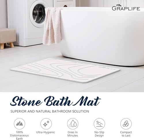 Image of BELADOR Rubber- Stone Bath Mat, Diatomaceous Earth Shower Rectangular Shape Mat, Non-Slip Super Absorbent Quick Drying Bathroom Floor Mat, Natural, Easy to Clean (White Wave)