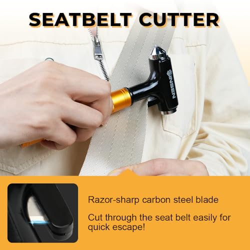 SINSEN Car Window Breaker, Seabelt Cutter, Aluminum Safety Hammer to Break Glass, 3-in-1 Emergency Kit, Fireproof All-Metal Escape Tool, Automotive Survival Accessories for Roadtrip, Gold, 1-Pack - Image 4