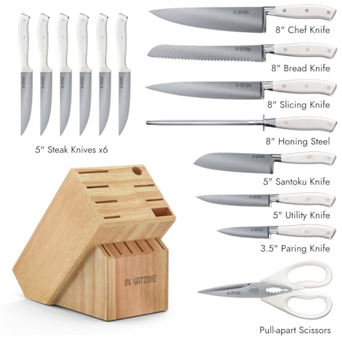 Image of Yatoshi 15 Piece White Knife Block Set - Pro Kitchen Knife Set Ultra Sharp High Carbon Stainless Steel with Ergonomic Handle