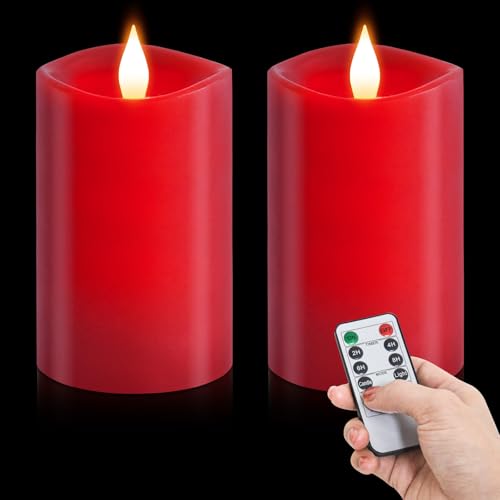 Image of 2PCS, 3 x 5 inches Flameless Candle with Remote Control, 3D Flickering Wick, Real Wax Pillar LED Candles, Battery Operated Candles,with Timer,for Holiday Home Decor, Red
