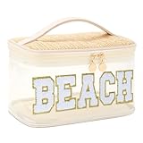 FANGENKE Boho BEACH Makeup Bag,Large Clear Travel Cosmetic Bag Toiletry Bag,Women Clear Bag for Summer,Portable Waterproof Makeup Train Case,Letter Beach Bag for Storage Beach Sunscreen (Beige)