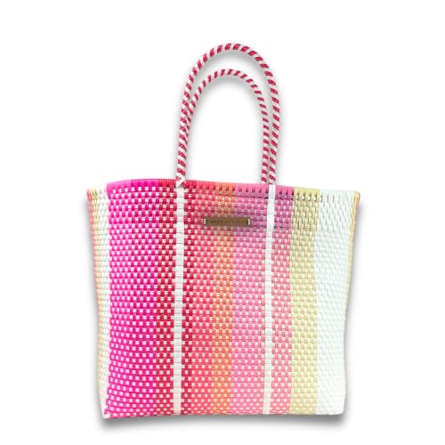 Image of MARIA VICTORIA Handwoven Plastic Mexican Tote Bag Large For Women, Waterproof, Lightweight, Multi-Color Design, Perfect for the Beach, Shopping, and Everyday Use, Coral Large
