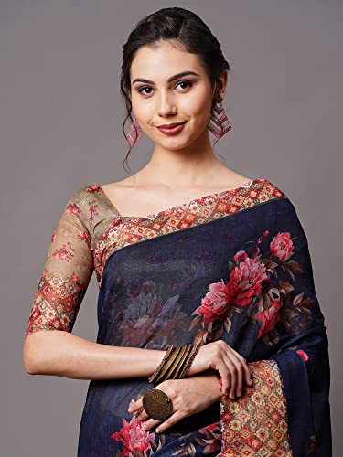 Image of AKHILAM Women's Ikat Linen Saree With Blouse Piece