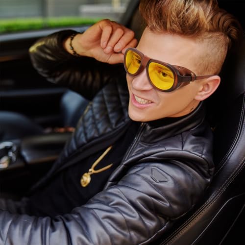 FEISEDY Steampunk Sunglasses Women Men，Polarized Yellow Lens, Retro Round Vintage Frame Leatherwear B01592