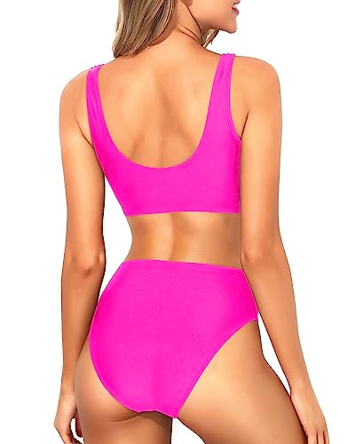 Image of Tempt Me Women Two Piece Scoop Neck Bikini Crop Top High Cut Swimsuit Sporty High Waisted Bathing Suit with Bottoms