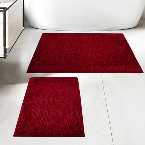 FCHTUE Bathroom Rugs Sets 2 Piece, Ultra Soft Non Slip Absorbent Chenille Toilet, Quick Dry Plush Bath Mat, Machine Washable Bath Rugs Set for Tub, Shower, and Bathroom(24x16 + 30x20, Burgundy)
