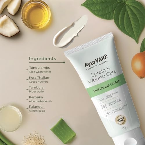 Image of Murivenna Cream 50g | Ayurveda First-Aid Cream for Cuts, Burns, Wounds & Sprains | Fast-Absorbing & Non-Greasy | TESTED SAFE for Heavy Metals & Microbial Load | 30% Highest Medicine Content | With Aloe & Moringa