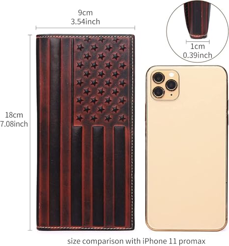 American Flag Design Full Grain Leather Wallets for Men,Long Bifold Wallets for Men,Mens Genuine Leather Checkbook Wallets with Gift Box (Wine red)2