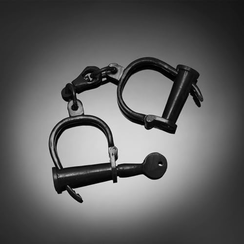 Image of Vintageware Heavy Duty Carbon Steel Indian Handcuffs with Removable Key, Black Finish, Adjustable Metal Handcuffs for Theatre, Drama, Stage Performance, Film Props & Historical Display