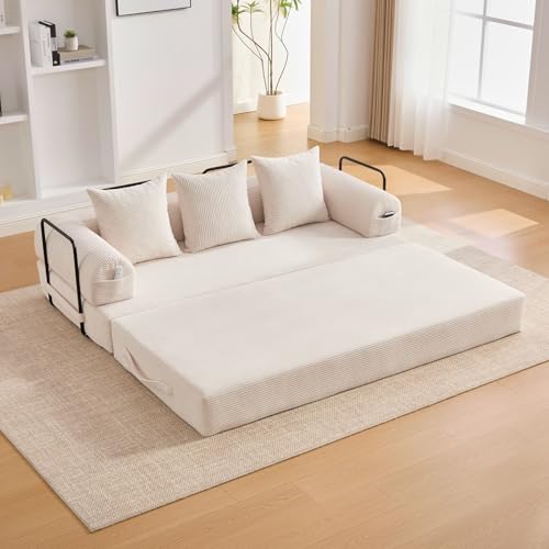 KOMHTOM Petit Canapé 2 Places en Velours Côtelé avec 3 Coussins Confortables, DIY Libre et Structure Métal - Canapé Convertible Multifonctionnel Moderne (Beige-B)