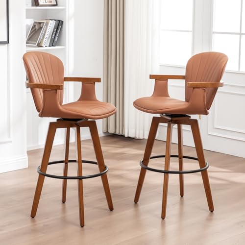 Image of LUNLING 30 inch Bar Height Stools Set of 3.Mid Century Modern Bar Stools,Brown PU Leather Kitchen Island Stools,Wood High Barstools Swivel with Back and Arms for Home Bar Furniture