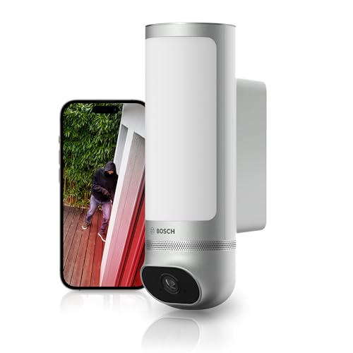 Bosch Smart Home Außenkamera II, Überwachungskamera Außen, 1080p Full-HD Auflösung mit integrierter Alarmsirene und Design-Leuchte, kompatibel mit Amazon Alexa, Silber