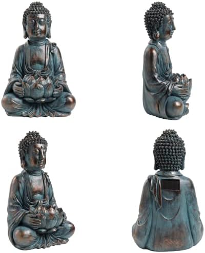 TERESA'S COLLECTIONS Meditating Lotus Buddha Garden Ornaments Outdoor with Solar Lights, Bronze Zen Buddhism Garden Statues and Figurines for Garden Gifts, 12.6inch/32cm Tall
