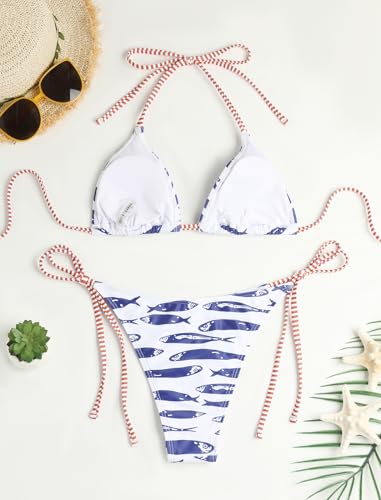 Image of ZAFUL Womens Printed Triangle Bikinis 2 Piece Halter Bikini Sets High Cut Bathing Suit Side Tie Swimsuits