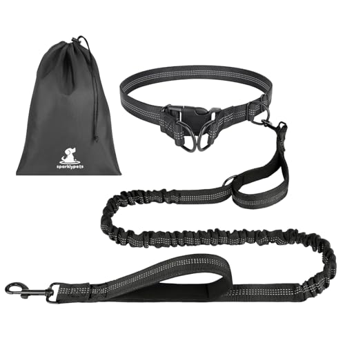 OFFCUP Joggingleine Hunde Hundeleine Freihändig, Dual Griffe Reflektierende verstellbar 124-180cm, Hunde Freihändig Hundeleine für Große und Mittelgroße Hundes bis zu 50 kg, Schwarz