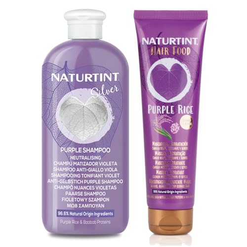 Naturtint | Champu Silver Matizador Violeta + Mascarilla Hair Food Purple Rice | Neutraliza Amarillos & Nutre Cabello Rubio, Gris o con Mechas | Sin Sulfatos ni Parabenos | 330ml + 150ml