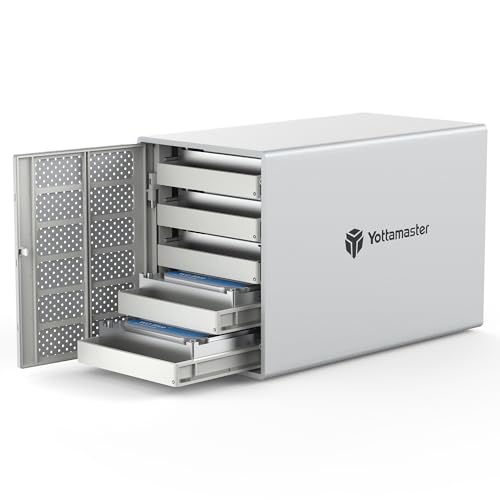 Yottamaster 5 Bay RAID Hard Drive Enclosure USB C, Aluminum RAID Enclosure for 3.5 & 2.5 Inch SATA HDD/SSD, Support 110TB(5x22TB) Direct Attached Storage DAS RAID1/5/10/JBOD/CLONE [PS500RC3]
