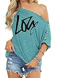 INFITTY Womens Tunic Graphic Letter Print Button Down Dressy Batwing Sleeve Tops Sexy Off Shoulder Shirts Blouse Blue Green Black Size L