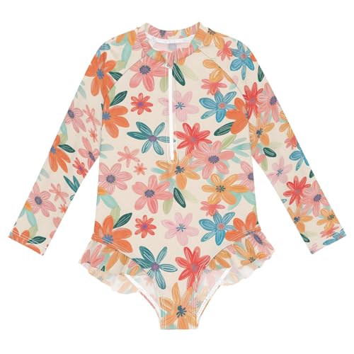 Flowers Colored Pattern Girls One Piece Rash Guard Swimsuit, Girls Long Sleeve Swimwear for 3-12Y