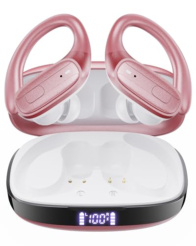Image of LEEMC Wireless Earbuds, Ear Buds with 80hr Playtime, Bluetooth 5.4 Headphones, LED Bettery Display, IPX7 Waterproof Earphones for Workout, Running, LightRed