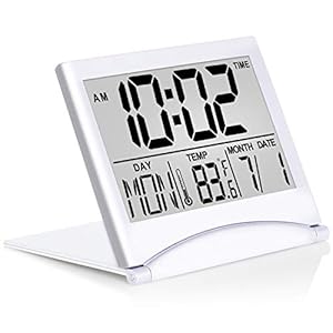 Betus Digital Travel Alarm Clock – Foldable Calendar Temperature Timer LCD Clock with Snooze Mode – Large Number Display, Battery Operated – Compact Desk Clock for All Ages (Silver, No Backlight)