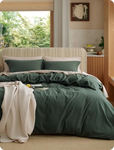 Image of Bedsure 100% Washed Cotton Duvet Cover King Size - Forest Green Minimalist Bedding Set Linen Like - PureWoven Plain Simple & Soft Comforter Cover for All Seasons (Forest Green, King, 104 inchx90 inch)