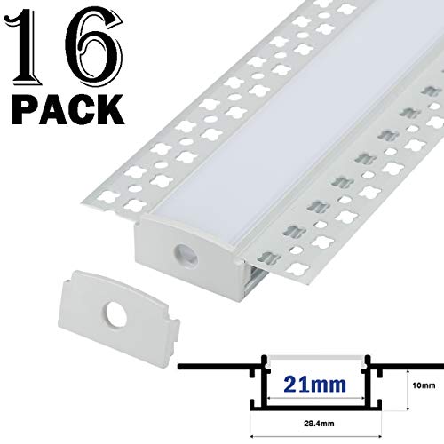 16-Pack Plaster-in LED Aluminum Channel 3.3ft/1m with Flange for LED Strip, Drywall Aluminum Profile with Clip-in Diffuser and End Caps
