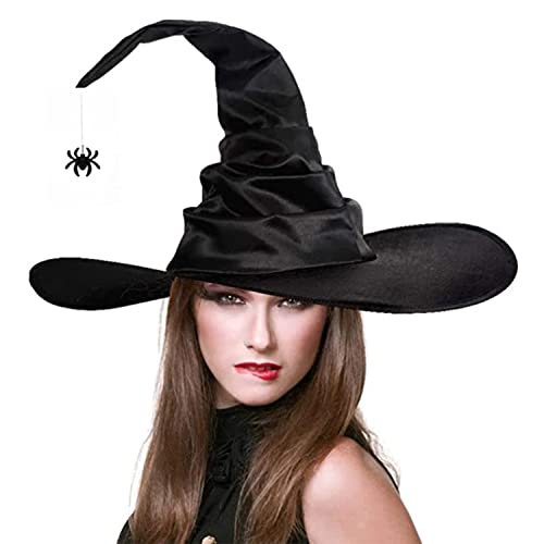Halloween Witch Hat Pleated Wizard Cap Elegant Witches Costume Accessories Witch Cap with Spider Pointed Wizard Hats Wide Brim Witches Hat for Women Girls Halloween Party Carnival Cosplay Fancy Dress - Image 2