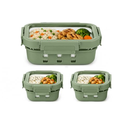 Image of Griplok Glass Lunch Box with Leakproof Lid, Borosilicate Food Storage Container with Silicone Sleeve, Airtight, Microwave /Dishwasher Safe (Forest Green, 2x370ml + 1x1050ml)