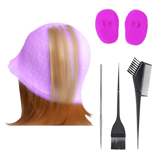Silicone Highlight Cap Kit, Hair Dye Cap Punched Hole Highlight Hair Cap with Hook Needles Hair Dye Comb and Earmuffs, Professional Streaking Cap Hair Highlighting Cap and Hook Kit for Women Men