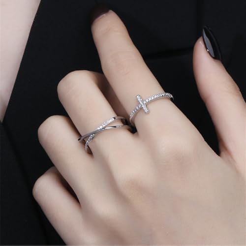 2 Pieces CZ Cross Promise Rings for Women Eternity Ring Stackable Wedding Open Band Rings Adjustable Finger Statement Engagement Jewelry Gifts2