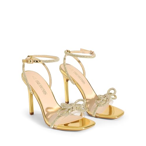 DREAM PAIRS Women's Double Bowknots Crystal Sandals Clear Slingback Heels Square Toe Shoes for Party Wedding Brielle,Size 7.5,Gold-Rhinestone,SDHS2389W