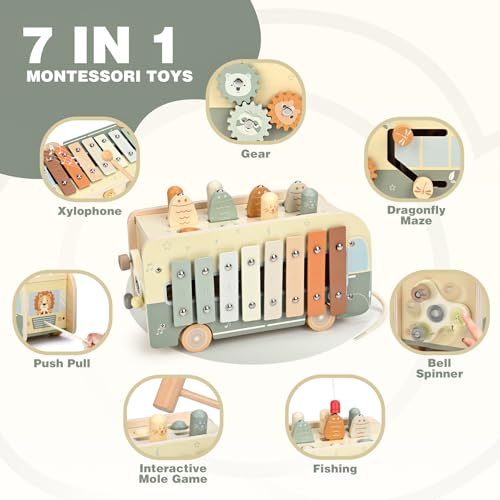 Montessori Toys for 1-3 Year Olds – 7-in-1 Wooden Hammering Pounding Toy with Xylophone & Fishing Game, Musical Instrument Set for Toddlers 12+ Months, Birthday Boys and Girls - Image 3