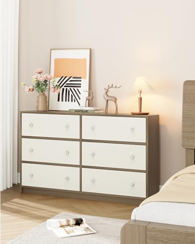 Nicehill 6 Drawers Dresser for Bedroom, Fabric Storage Tower,Dresser & Chest of Drawers Organizer,Storage Cabinet,Hallway, Closets, Living Room,Wooden Dresser(Light Wood Grain and White)
