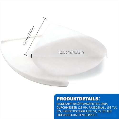 25 Stück Kegelfilter DN125, G4 Filtermatte für Lüftungsanlagen, Ersatzfilter Ø125 mm, Länge 180 mm, Dicke 8 mm, kompatibel mit Zehnder, Maico, Pluggit, Helios, für Wohnraumlüftung