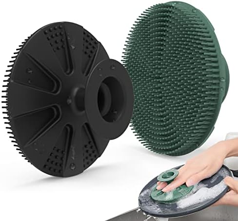 Silicone Sponge, BEAUTAIL Non-Scratch Scrub Sponges, for Washing Dishes and Cleaning Kitchen, Long Lasting and Reusable Dishwashing Scrubber, Suction Up Hang Designed, 2 Pack, Black+Olive Green