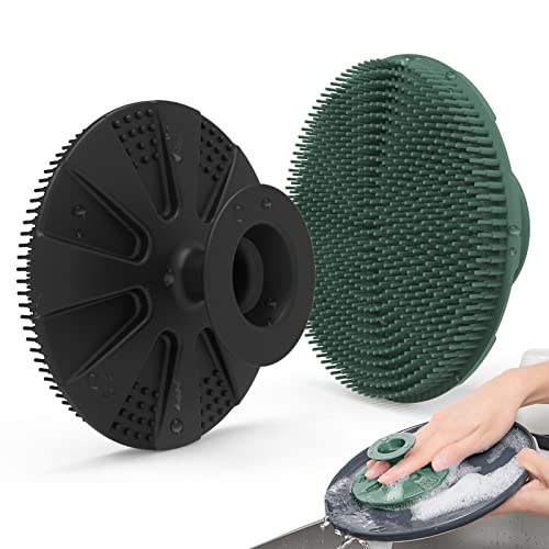 BEAUTAIL Silicone Sponge, Non-Scratch Scrub Sponges, for Washing Dishes and Cleaning Kitchen, Long Lasting and Reusable Dishwashing Scrubber, Suction Up Hang Designed, 2 Pack, Black+Olive Green