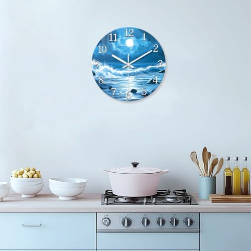 Image of XFM Large Blue Moon Wall Clock 20 Inch Beach Theme | Silent Non Ticking Ocean Wave Round Analog Modern Nature Decorative for Living Room Kitchen Bedroom Decor