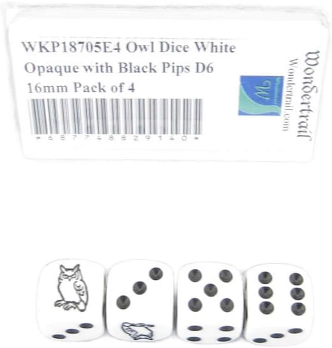 Owl Dice White Opaque with Black Pips D6 16mm (5/8in) Pack of 4 Wondertrail