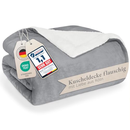 Blumtal Flauschige Sherpa Kuscheldecke – hochwertige Wohndecke, super weiche Fleecedecke als Sofaüberwurf, Tagesdecke oder Wohnzimmerdecke, 130 x 150 cm, Grau